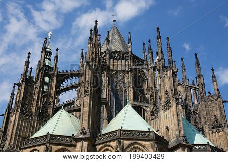Unusual upward view of the St. Vitus Cathedral in the area of the Prague Castle