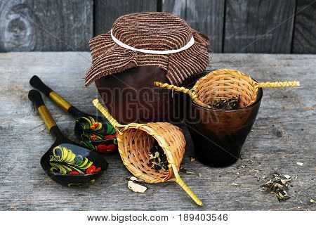Green Tea In A Wooden Sieve, A Delicious Drink, Leaves