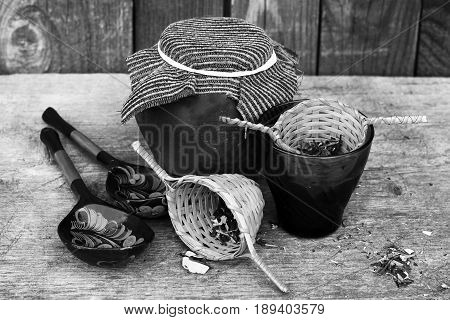 Green Tea In A Wooden Sieve, A Delicious Drink, Leaves