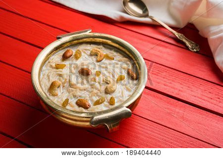 Most famous Indian sweet pudding Kheer or semiya khir in a bowl.Selective focus