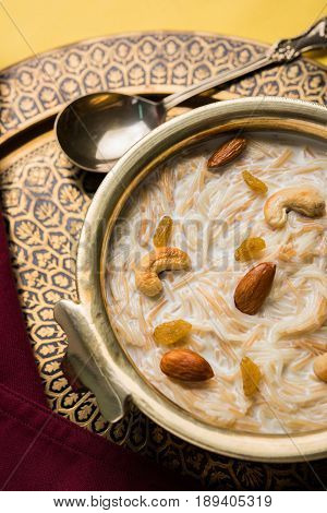 Most famous Indian sweet pudding Kheer or semiya khir in a bowl.Selective focus