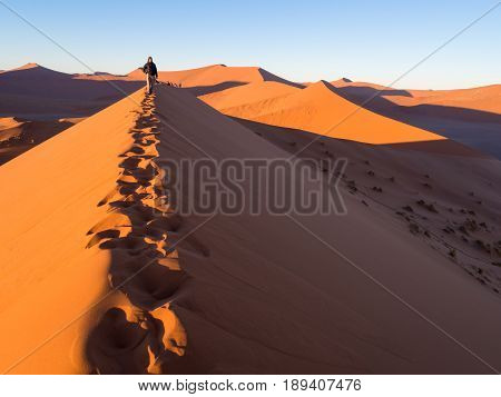 SOUSSUSVLEI NAMIBIA - JUNE 20 2016: People watching sunrise form the Dune 45 in the Sossusvlei area of the Namib Desert in Namibia.