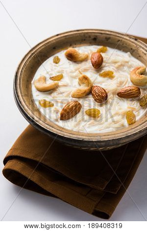 Most famous Indian sweet pudding Kheer or semiya khir in a bowl.Selective focus
