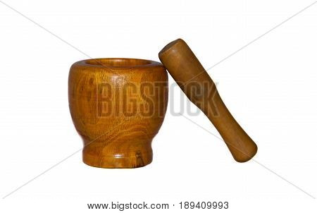 Kitchen Wooden mortar isolated on white background