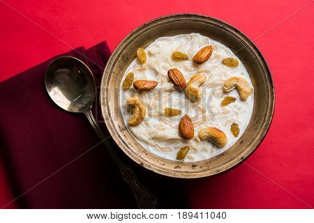 Most famous Indian sweet pudding Kheer or semiya khir in a bowl.Selective focus