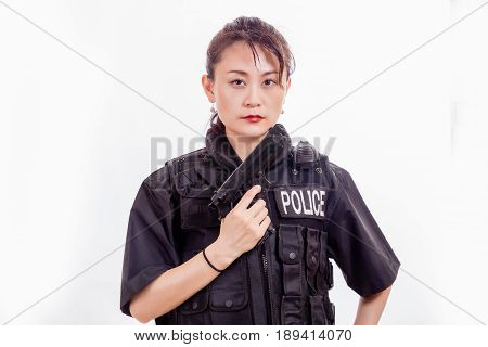 Chinese Woman Police Officer With Pistol