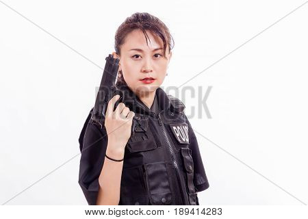 Chinese Woman Police Officer With Pistol