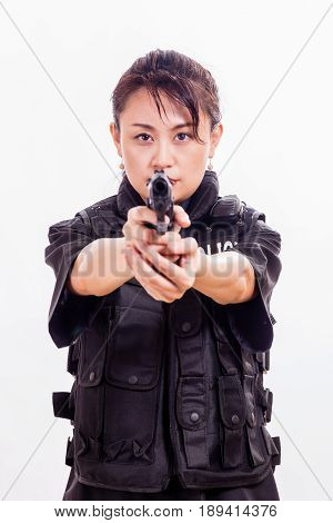 Chinese Woman Police Officer Pointing Pistol
