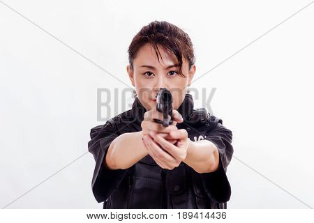Chinese Woman Police Officer Pointing Pistol