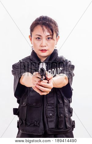 Chinese Woman Police Officer Pointing Pistol