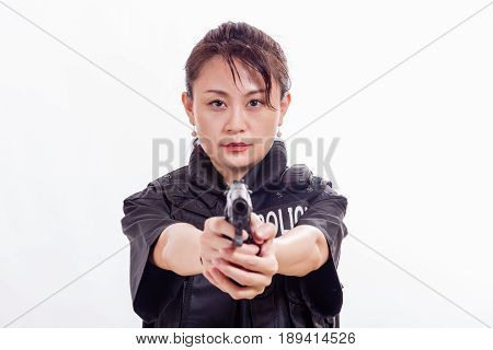 Chinese Woman Police Officer Pointing Pistol