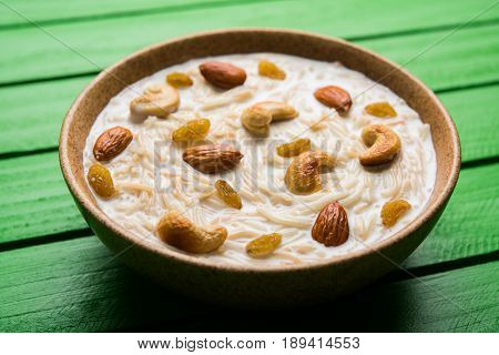 Most famous Indian sweet pudding Kheer or semiya khir in a bowl.Selective focus