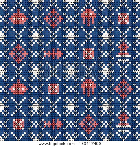 Grandma vector knitting seamless pattern for Ugly Sweater. Sea theme