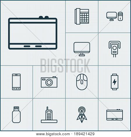 Icons Set. Collection Of Security Camera, Usb, Wireless Router And Other Elements. Also Includes Symbols Such As Photo, Phone, Tablet.