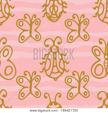 Seamless pattern with hand drawn gold thin line butterflies bugs on pink grunge horizontal geometrical stripes. Cute summer abstract background. Infinity geometric pattern. Vector illustration.