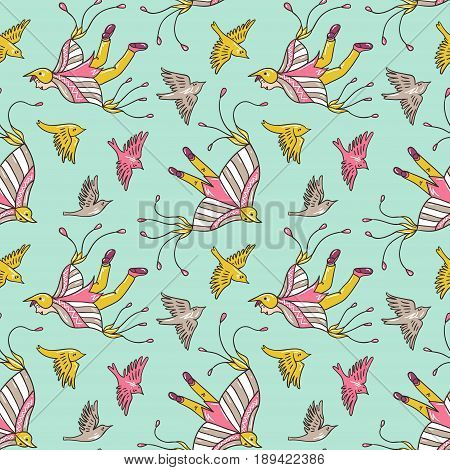 Seamless pattern with kites in the sky. Vector childish fabric design. Bright background.