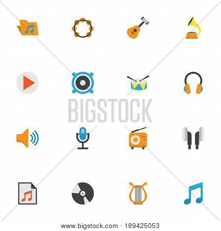 Multimedia Flat Icons Set. Collection Of Shellac, Loudspeaker, Ear Muffs And Other Elements. Also Includes Symbols Such As Radio, Drum, Earmuff.
