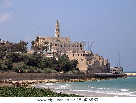 The iew of mosques and churches from sea in old Jaffa Israel July 23 2007