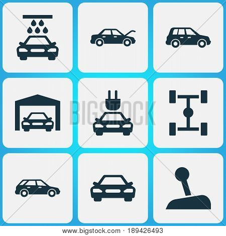 Automobile Icons Set. Collection Of Car, Transport Cleaning, Repairing And Other Elements. Also Includes Symbols Such As Station, Electric, Lever.