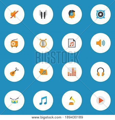 Audio Flat Icons Set. Collection Of Band, Ear Muffs, Shellac Elements. Also Includes Symbols Such As Radio, Begin, Headphone.