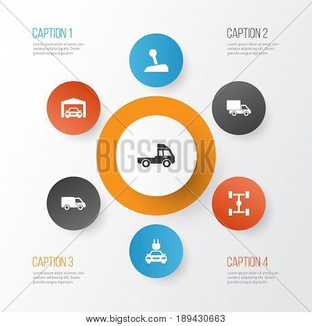 Automobile Icons Set. Collection Of Wheelbase, Lorry, Repairing And Other Elements. Also Includes Symbols Such As Plug, Repairing, Wheelbase.