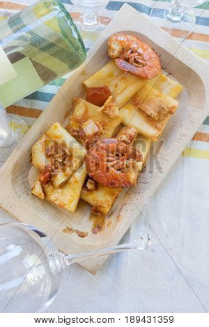Gragnano paccheri with fish sauce and imperial shrimps