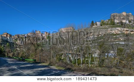 Panoramic view of Cuenca historical center on rocks from Huecar River canyon Spain