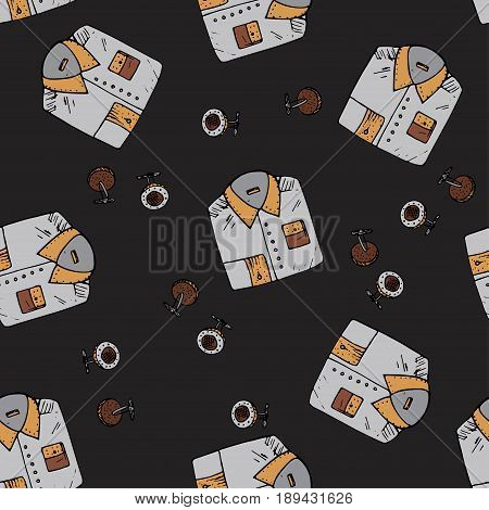 Seamless vector pattern with doodle man symbols. Doodle illustration with shirts and cufflinks.