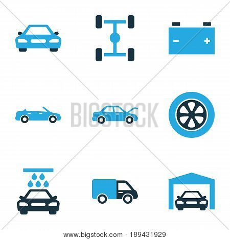 Auto Colorful Icons Set. Collection Of Tie, Lorry, Car And Other Elements. Also Includes Symbols Such As Wheelbase, Automobile, Cabriolet.