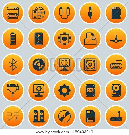 Hardware Icons Set. Collection Of Aux Cord, Vga Cord, Router And Other Elements. Also Includes Symbols Such As Mechanism, Dskette, Internet.