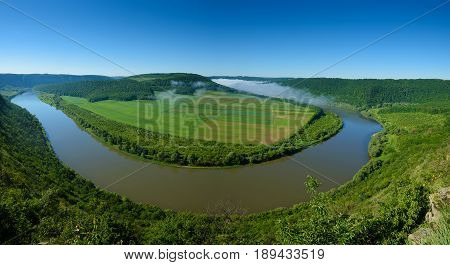 Dnister river landscape in Ternopil region of western Ukraine. Idillyc view from above in the morning. Panorama