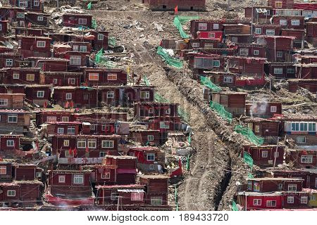 Red village and monastery at Larung gar (Buddhist Academy) in Sichuan China