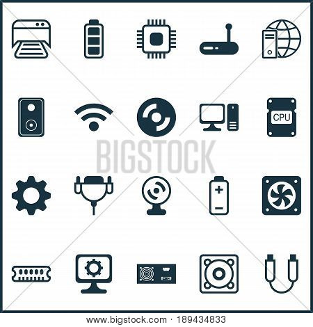 Computer Icons Set. Collection Of Internet Network, Web Camera, Dynamic Memory And Other Elements. Also Includes Symbols Such As Connectivity, Router, Disc.