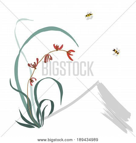 Hand-drawing ink illustration, vector stylization. Wild orchid, red flowers. Background from the mountain, flying bumblebee. Japanese painting style sumi-e. Traditional Chinese painting gohua.