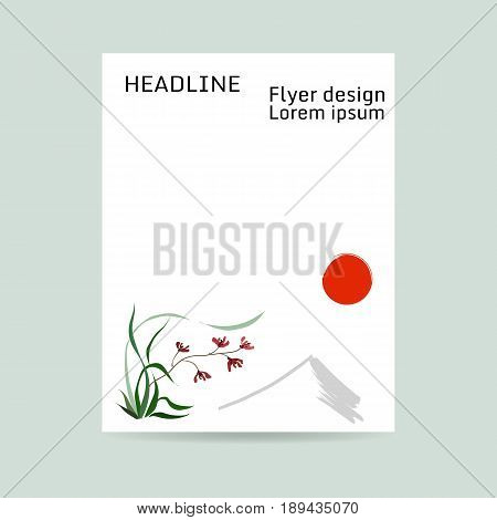 Flyer design. Letter format. Wild orchid, red flowers. Background of mountain and red sun. Japanese painting style sumi-e. Traditional Chinese painting gohua. Hand-drawing ink illustration, vector stylization.