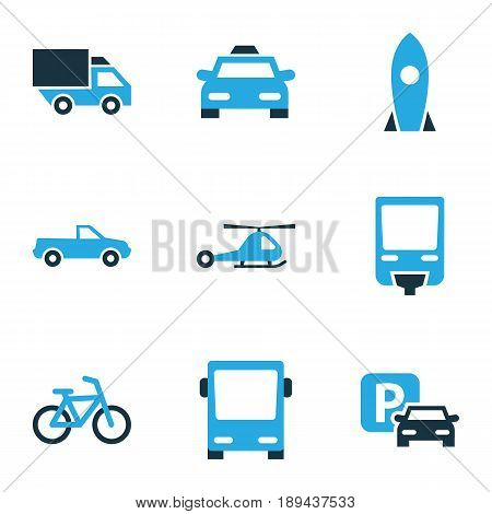 Transportation Colorful Icons Set. Collection Of Chopper, Cabriolet, Autobus And Other Elements. Also Includes Symbols Such As Rocket, Carrier, Chopper.