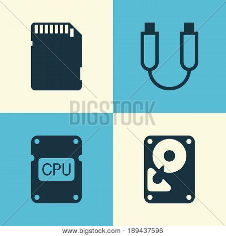 Hardware Icons Set. Collection Of Portable Memory, Memory Card, Cpu And Other Elements. Also Includes Symbols Such As Usb, Storage, Hdd.
