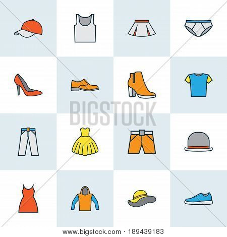 Dress Colorful Outline Icons Set. Collection Of Underwear, Shorts, Man Footwear And Other Elements. Also Includes Symbols Such As Blouse, Breeches, Singlet.