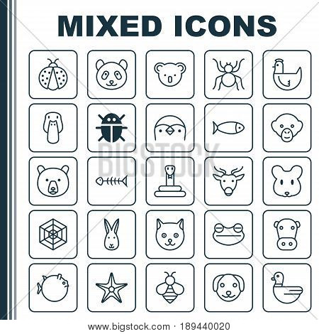 Zoology Icons Set. Collection Of Bear, Bumblebee, Grizzly And Other Elements. Also Includes Symbols Such As Duck, Moose, Kitten.
