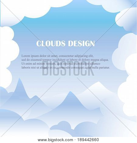 Clouds design blue and white background, mountains silhouette, Lorem Ipsum stock vector illustration