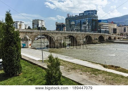 SKOPJE, REPUBLIC OF MACEDONIA - 13 MAY 2017: Skopje City Center, Old Stone Bridge and Vardar River, Republic of Macedonia