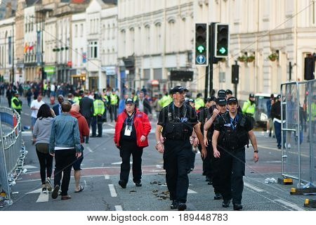 CARDIFF UK - 3 JUNE 2017 Police ensure safety during Champions League Final. British police and security services on high alert as hundreds of thousands of fans enjoy football in the capital of Wales