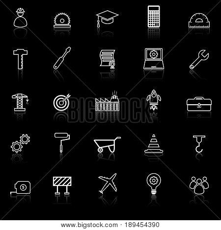 Engineering line icons with reflect on black background, stock vector