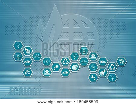 bright blue background with the silhouette of the globe, and symbols of ecology
