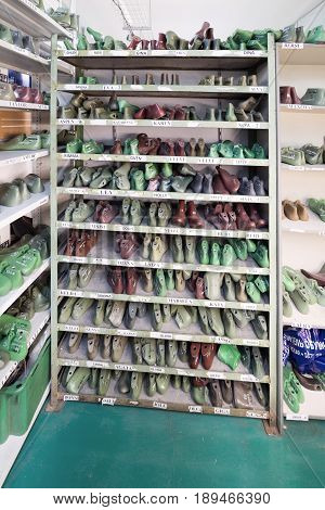 MOSCOW, RUSSIA - FEBRUARY 21, 2017: Moscow shoe factory JSC RALF RINGER. Shoe lasts on a shelf