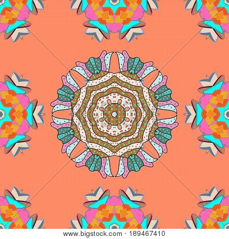 Art Round Colorful Ornament On A Colorfil Background. Ornate Eastern Mandala With Colored Contour.