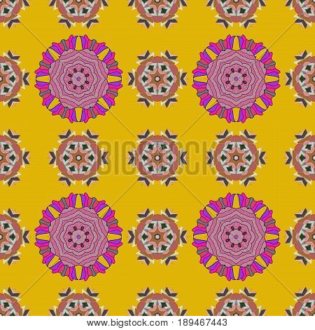 Vector Doodle Seamless Pattern With Ethnic Mandala Ornament On A Colorfil Background. Outline.