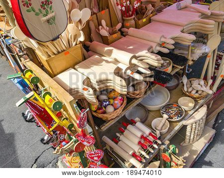 ZAGREB CROATIA - MAY 10 201T : Variety of traditional souvenirs for sale at Dolac Market.