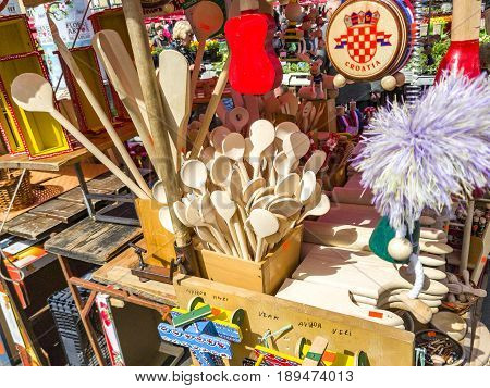 ZAGREB CROATIA - MAY 10 201T : Variety of traditional souvenirs for sale at Dolac Market.