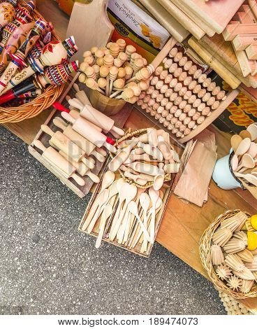 ZAGREB CROATIA - MAY 10 201T : Variety of traditional souvenirs for sale at Dolac Market.
